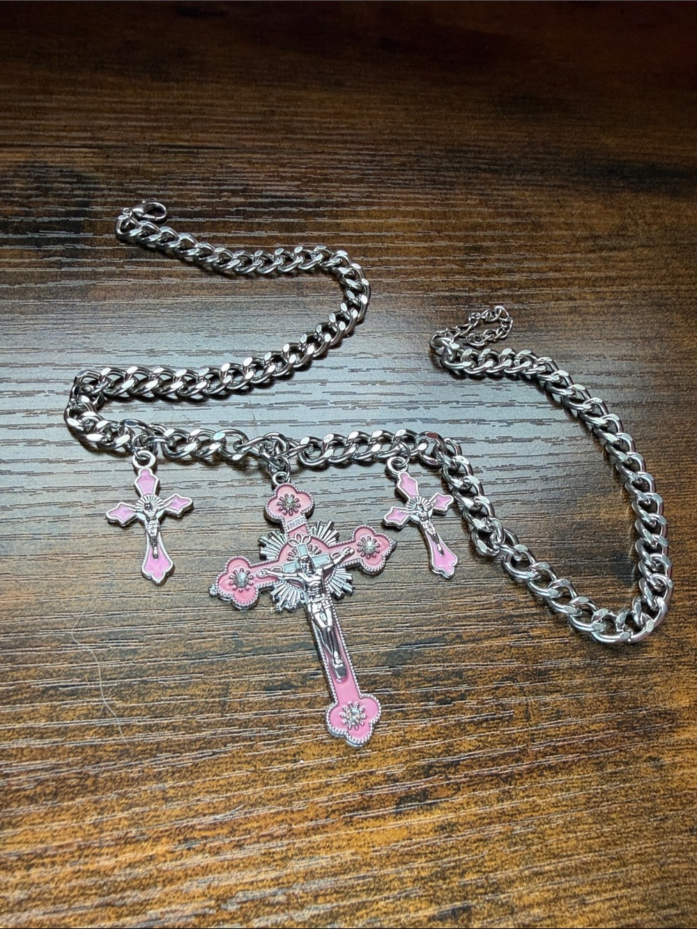 Pink Cross Pendant Necklace - Silver Chain